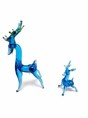 VTG Blue Glass Deer Figurine – Handblown Decorative Sculpture 2PC